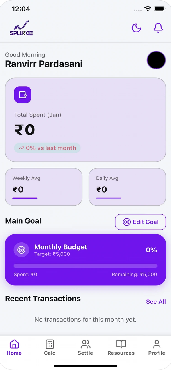 Splurge app home screen showing total spent this month, weekly and daily averages, a monthly budget goal, and recent transactions